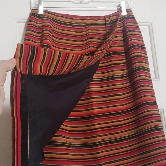 Vintage 80s CHAUS Wrap Skirt Red Black Orange Yellow Painterly Stripe - Picture 5 of 11